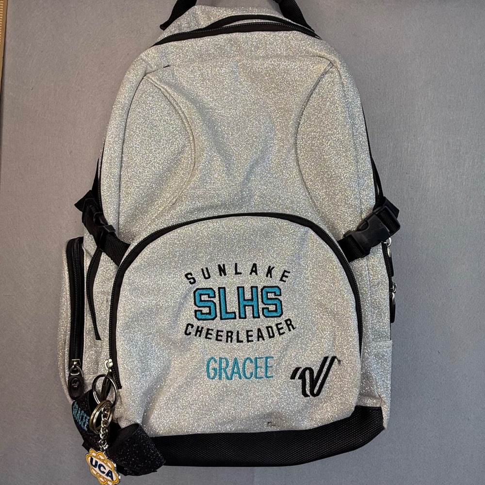 Varsity Spirit Silver Glitter Cheerleading Backpack Sunlake SLHS Cheer Gracee